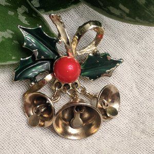 Vintage Christmas Holly with Three Bells brooch.